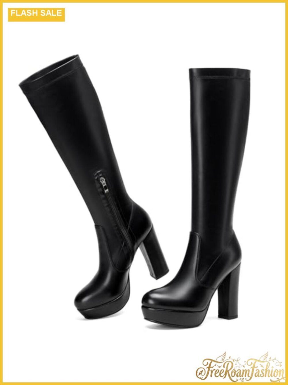 Women's Knee High Stretch Boots Side Zip Block Heel Platform Synthetic